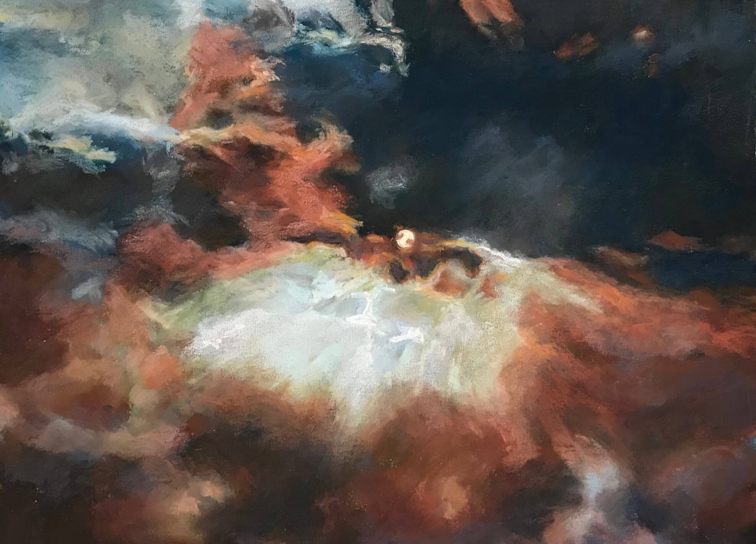 Pastel painting of dramatic storm clouds in off-white, russet-red and dark blue. The sun disc peeks through at the center.