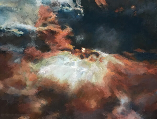 Pastel painting of dramatic storm clouds in off-white, russet-red and dark blue. The sun disc peeks through at the center.