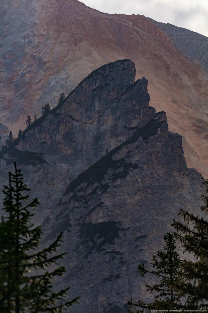 Photograph of a huge, sheer, broken-edged rock face, jutting up in front of an even larger mountain slope. The top of the nearly vertical-faced rock is dotted with tiny conifers that are easily many times taller than a person, but appear minuscule. The rock is a steely blue with hints of lavender, and the mountainside is equally colorful in shades of rust, pale orange and blue. The photo is edged by foreground conifers in the lower corners.