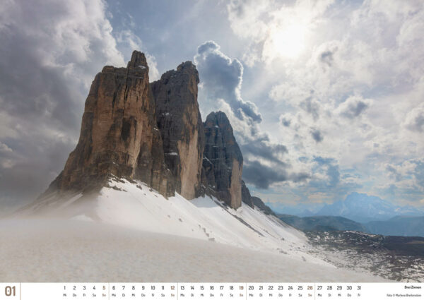 2025 Dolomiten Calendar, January. Photograph of Drei Zinnen (the Three Peaks of Lavaredo) in the snow.