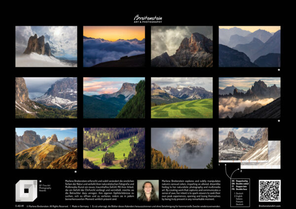 2025 Dolomiten Calendar, back cover. Shows all 12 monthly photographs, plus information about the artist.