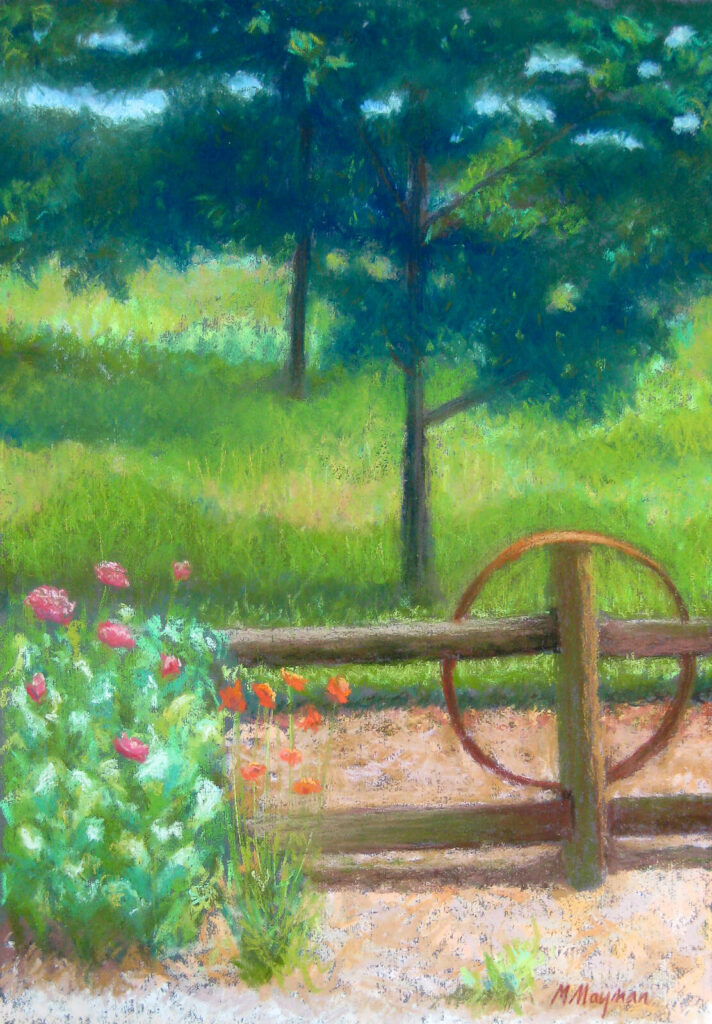 Painting of a landscape with a fence and trees. On the fence post is the round band from a barrel. In the foreground left are poppies.